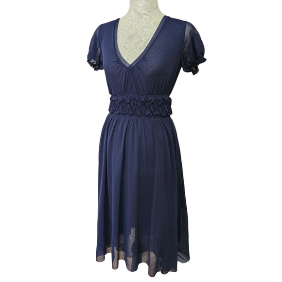 Jean Paul Gaultier Dress Vintage 90s Navy Blue V-Neck Layered Mesh Y2K Medium - Picture 3 of 14